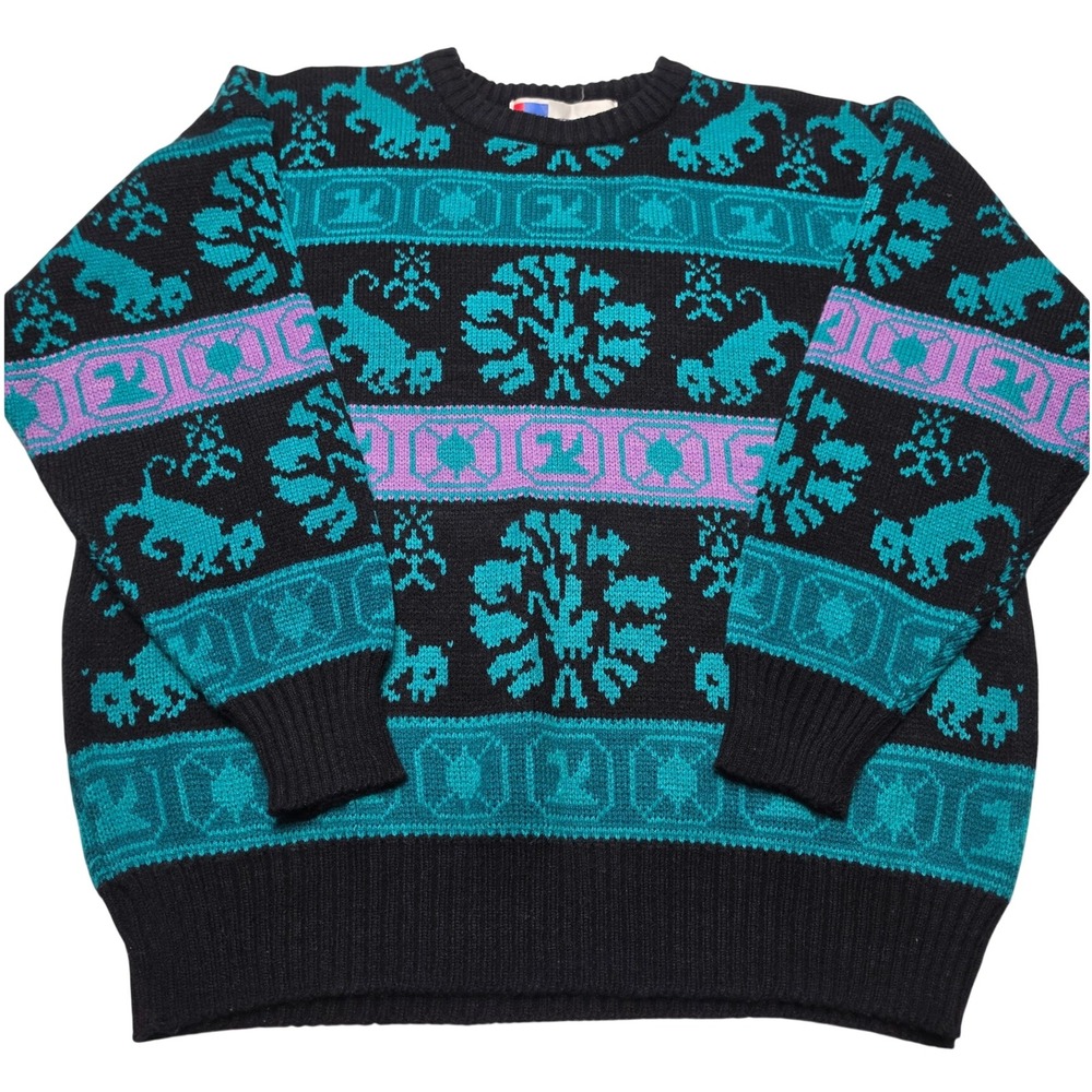 Vintage Forte Mens Crewneck Sweater Teal Purple Black Animal Print M2060 Large